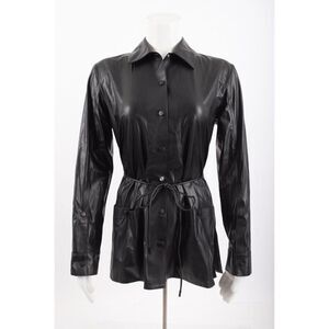 Theory Womans Faux Leather Shirt Jacket Size P Petite Black Lightweight Tie Belt